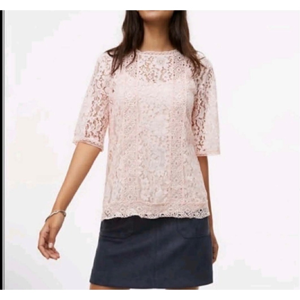 LOFT Women Pale Pink‎ Floral Lace Boat Neck Elbow Sleeve Scalloped Blouse Small